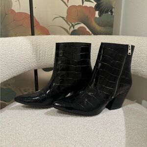 All Saints Black Croc-Embossed Genuine Patent Leather Ankle Boots